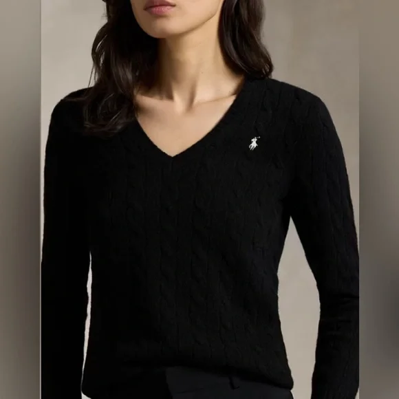 Polo Ralph Lauren Black Cable-Knit Wool-Cashmere VNeck Sweater [S] - Picture 3 of 7